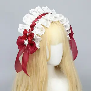 Lolita Lace Headband Sweet Feminine Japanese Style Maid Hair Accessory, Cute Girl Bowknot Hair Clip, Anime Cosplay Look Lolita Fashion