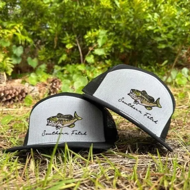 [SAVE upto 50%] Largemouth Bass Embroidered 7 Panel Trucker Hat, Brackish Bottomland Mossy Oak Camo Snapback, Fishing Mesh Back Cap, Outdoor Angler Hat