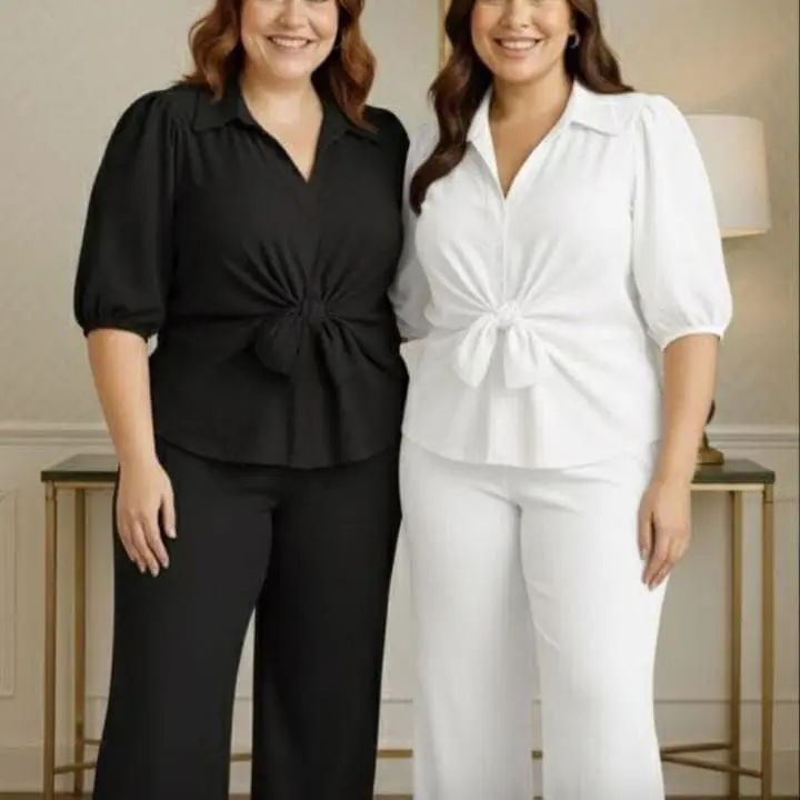 Women’s two-piece tie-front top & wide-leg pant set (white color)