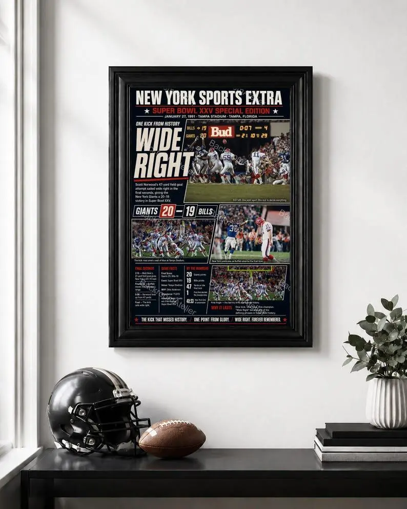 New York Giants Bowl XXV Poster, Wide Right Football Wall Art, Giants Bills 20-19 Vintage Sports Decor
