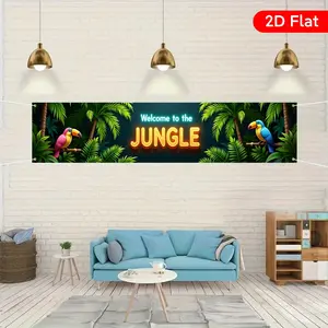 2D Flat, 1pc Welcome to the Jungle Large Welcome Banner - Vibrant Tropical Design with Parrot & Palm Tree, Durable Polyester Indoor/Outdoor Decoration for Weddings, Birthdays, Anniversaries,  Jungle Theme Decorations, Wedding Decoration