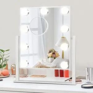 Fabuday Lighted Vanity Makeup Mirror with Lights Hollywood Cosmetic Mirror with 9 Dimmable LED Bulbs for Dressing Room Tabletop, 3 Color Lighting, Detachable 10X Magnification Mirror, White Dealer Well