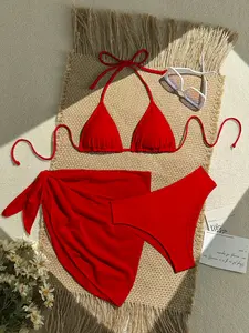 3pcs Women Holiday Red Summer Elegant Flowy Beach Holiday Holiday Solid Color Halter Bikini Swimwear Set,Bathing Suit Set For Spring Vacation