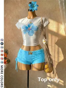 Women's Casual Blue Floral Print Round Neck Short Sleeve Crop Top, Y2K Daily Wear, Perfect for Layering and Fashionable Choice