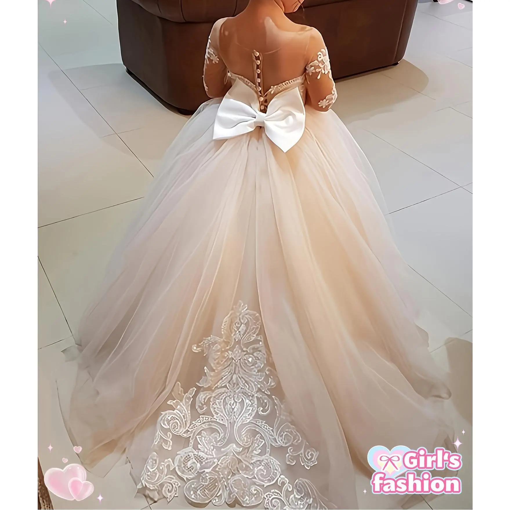 Girls' Elegant A-Line Cute Princess Aesthetic Party Dress - Sheer Puff Sleeves, Big Bow, 9-Quarter Polyester Girly Style Party Wear for Performances, Cute Dresses for Kids' Events, 10-11 Years, Nine-Quarter