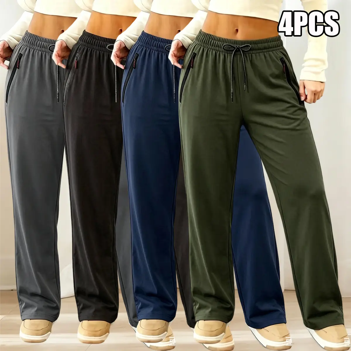 Women's Loose Casual Pants, 4-Pack Lightweight Stretchy Bottoms with Elastic Drawstring Waist and Zipper Pockets, Basic