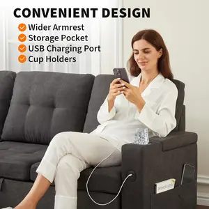 GAOMON 84'' Sleeper Sofa Bed, L-Shaped Sectional Sleeper Sofa with Pull Out Bed, Comfy Couches for Living Room with Charging Ports and Storage Armrests, Dark Grey