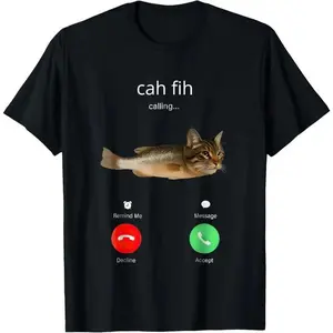 100% Cotton cah fih calling Remind me Message Decline Accept Phone Call Fish T-Shirt Menswear Relaxed Fit