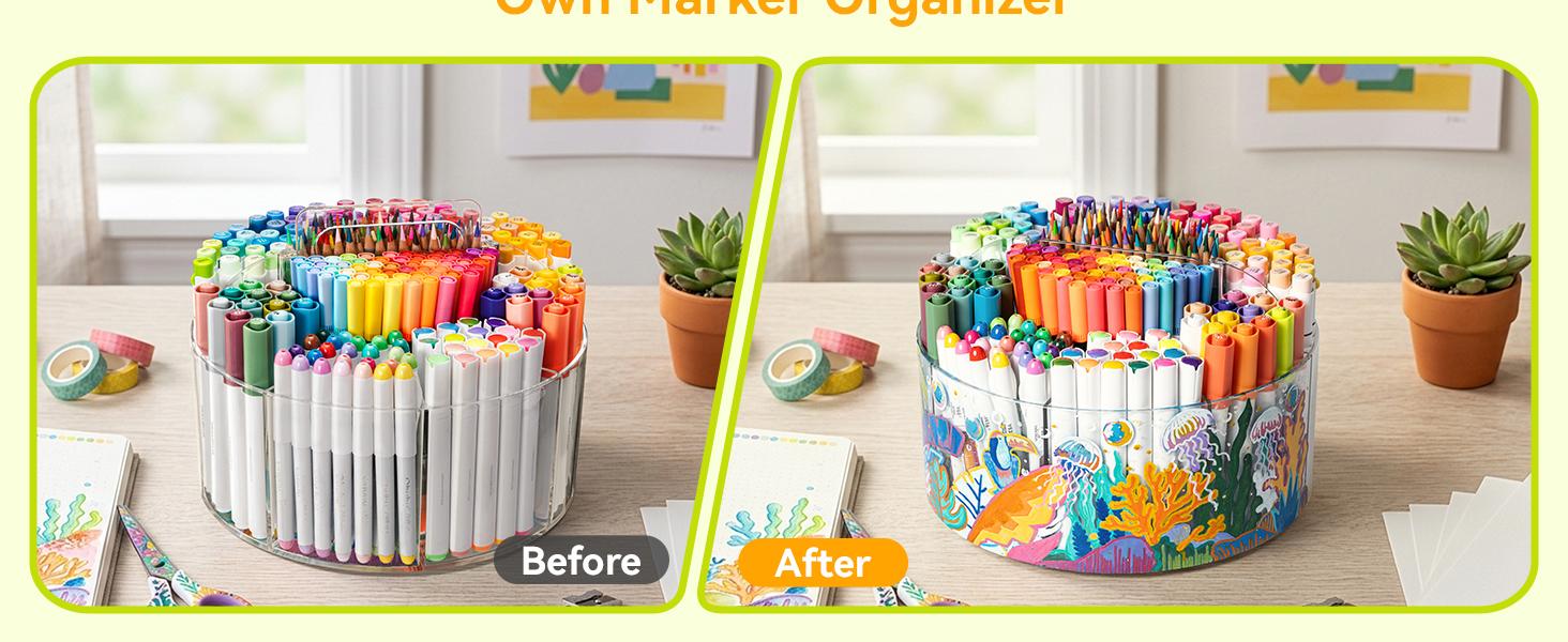 Ohuhu Marker Organizer: 360° Rotating Clear Acrylic Holder with Hidden Handle, 10 Compartments for Alcohol Markers, Pens & Pencils, Home Classroom Office Desk Organizer