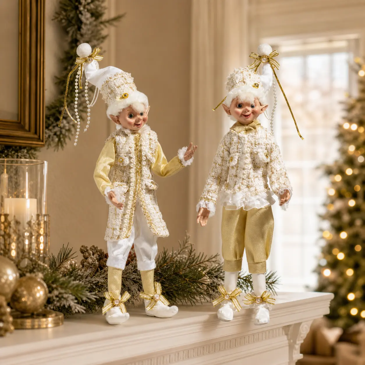 16" Champagne Poseable Elf Assorted Set Of 2