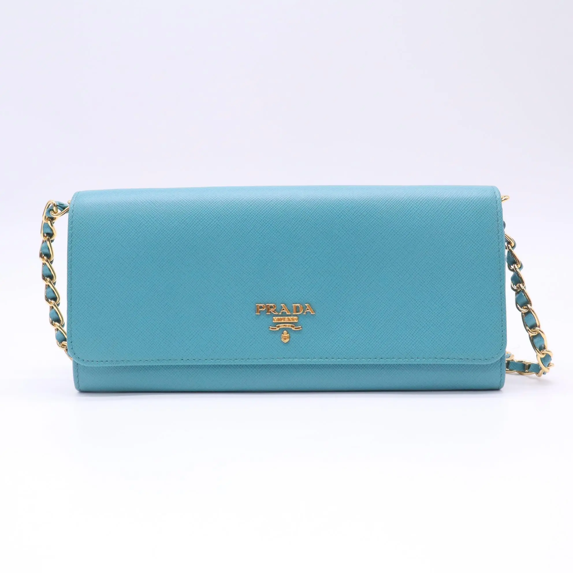 Pre-owned PRADA Leather Clutches & Wristlets Turquoise Saffiano Metal Wallet on Chain Clutch Bag W22729
