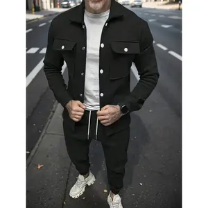 Men's Fashion Solid Color Pocket Open Button Collar Jacket and Solid Color Tethered Pants Set