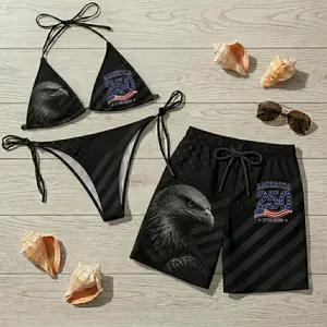 This matching swimwear set, celebrating the 250th anniversary of the founding of the United States, includes a bikini and men's swim trunks printed with an eagle, a vacation outfit reflecting a significant milestone in America's history from 1776 to 2026.