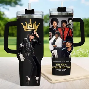 Michael Jackson 40oz Tumbler With Handle, King of Pop Collage Style Tumbler, MJ Fan Present, Music Legend Travel Mug, Retro Pop Star Drinkware, Present for Pop Fans