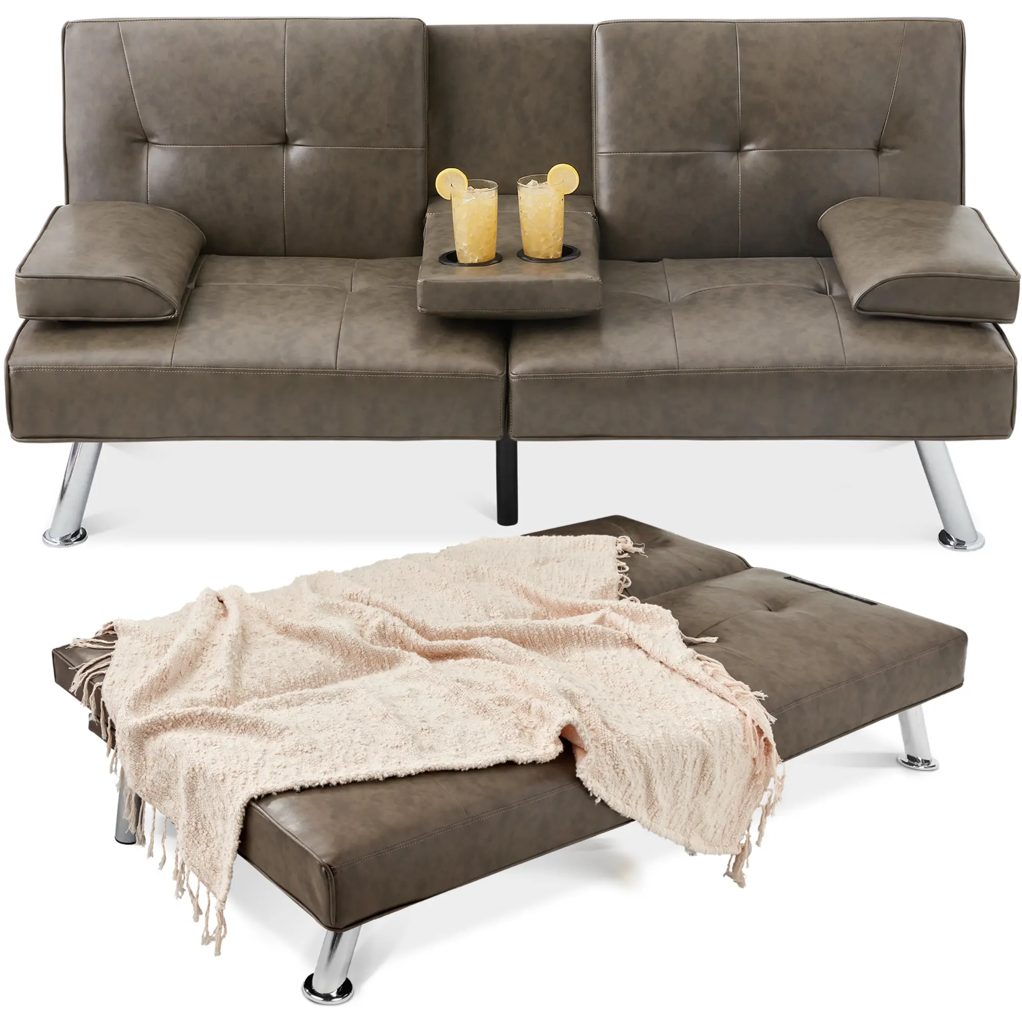 Best Choice Products Modern Faux Leather Convertible Futon Sofa w/ Removable Armrests, 2 Cupholders Best Choice Products Modern Faux Leather Convertible Futon Sofa w/ Removable Armrests, 2 Cupholders