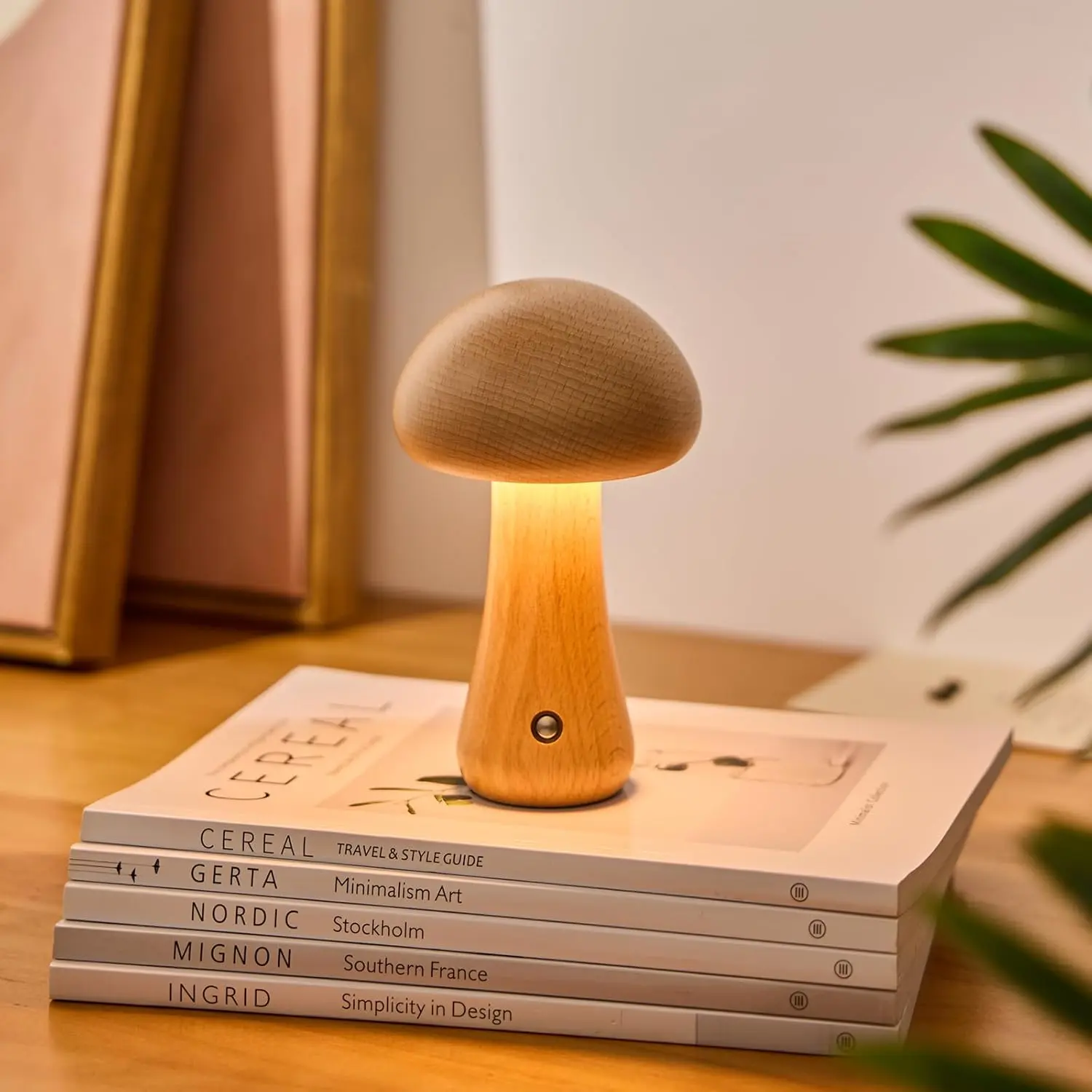 Wooden Mushroom Night Light, LED Decorative Ambient Lamp, Portable Touch Adjustable Brightness Rechargeable Wooden Bedside Lamp for Bedroom & Living Room