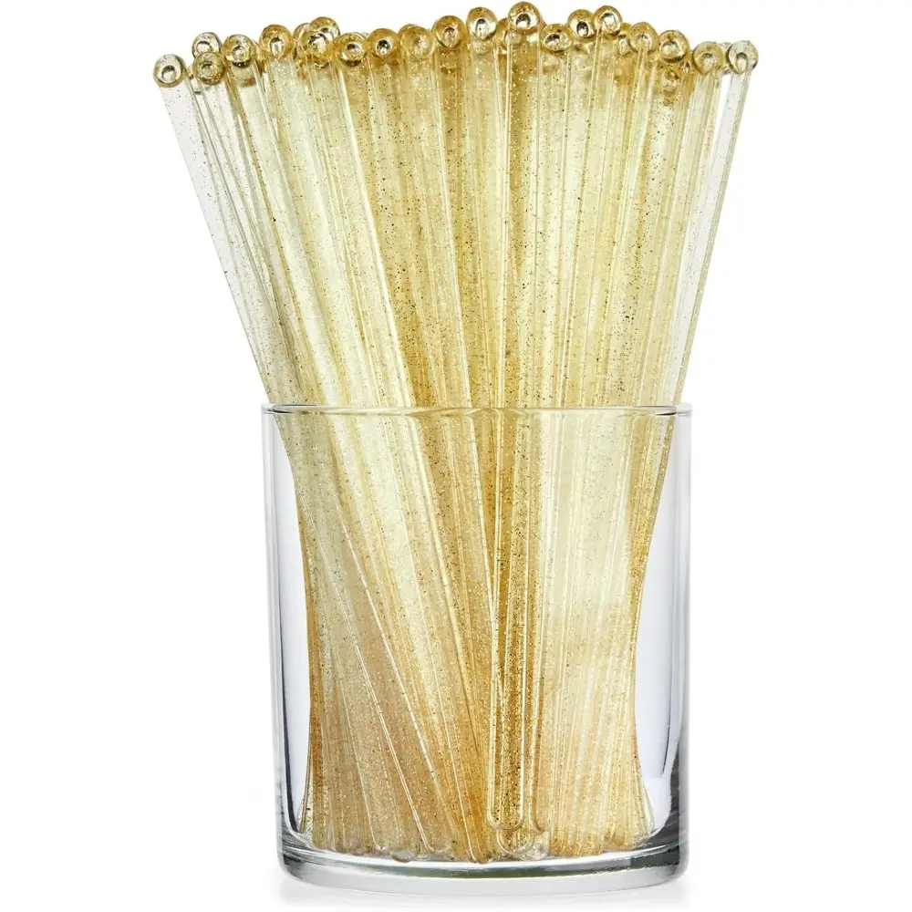 Elegant Gold Plastic Swizzle Stick Set - 6.5 in Stirring Utensils, Disposable/Reusable Bar Accessories for Cocktails, Party, Office Use, Happy Hour At Home