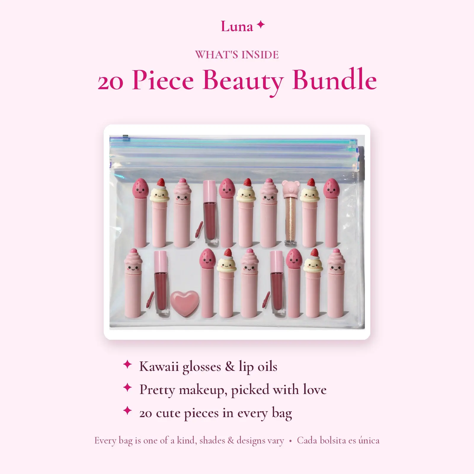 Luna Beauty Glam Bag – 20 Piece Cute Lip Gloss & Makeup Bundle, Kawaii Lip Oil Gift Set