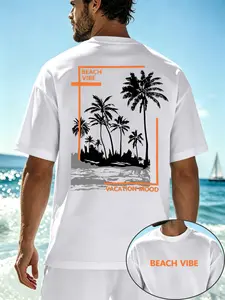 American Style Coconut Tree Print Men's Short Sleeve T-Shirt, Summer Beach Vacation Surfing Top, Fashion Versatile Long H-Type Loose Fit