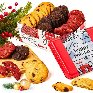 David's Cookies Happy Holidays Mini Cookies in Sweet Sampler Tin - Assorted Mini Christmas Cookies with Chocolate & White Chocolate Chip and Red Velvet - Gourmet Cookie Gift Basket for Christmas 14oz
