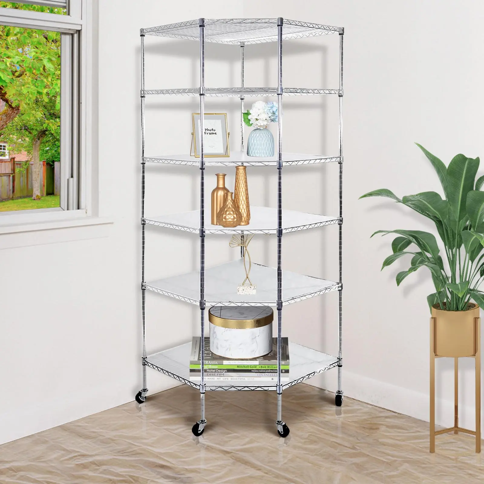 6-Layer Chrome Plated Polygonal Corner Shelf with 2" PP Wheels 680*680*1800 Silver Decor Organiser Racks Smooth