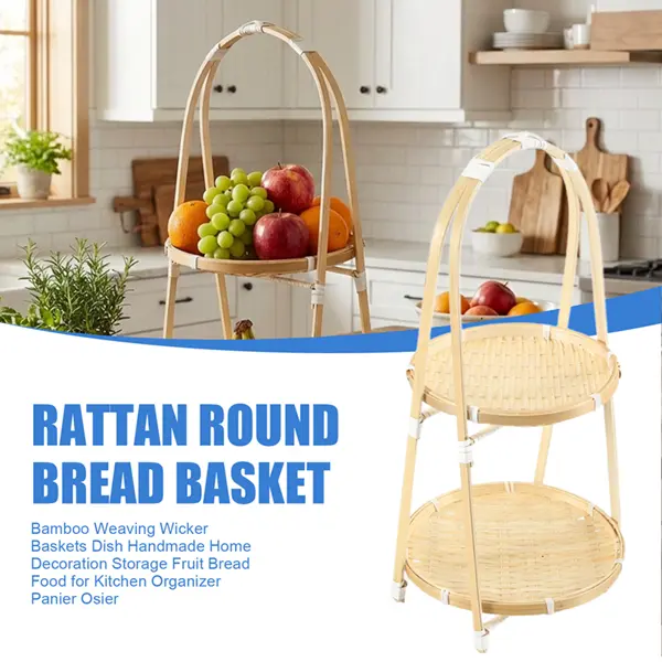 Traditional Handmade Bamboo Rattan Woven Small Storage Basket Set - Home Organizer, Kitchen Shelf Basket for Fruit, Bread