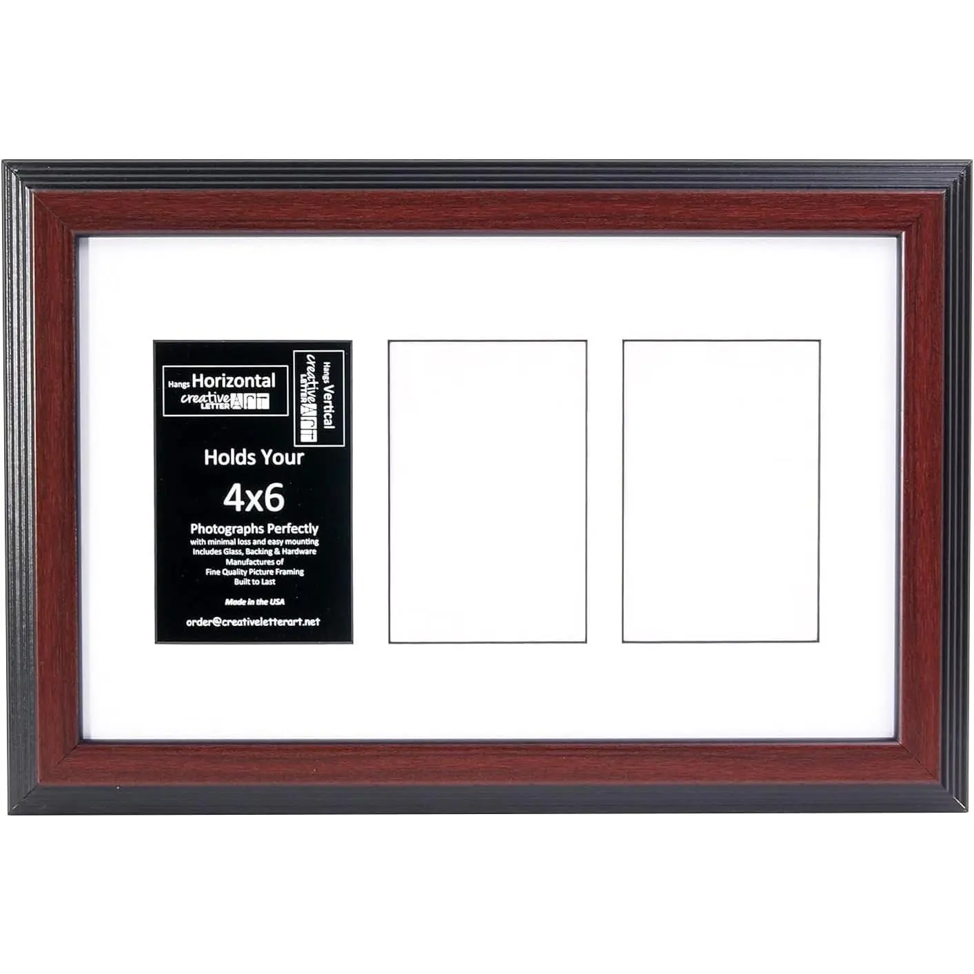Creative Letter Art 4” x 6” Multiple Opening Picture Frame Collage with 3 holes, Congress Mahogany Frame with 10 x 16-inch White Mat, Full-Strength Glass, Photo Collage for Wall, 3 Openings