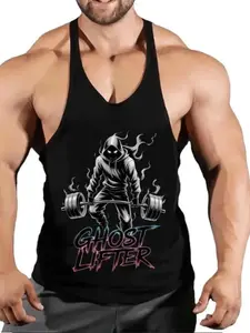 Men's Ghost Lifter Ghost Barbell Fitness Tank Top, Sporty Graphic Loose-Fit Sleeveless Shirt, Muscle Building Workout Wear