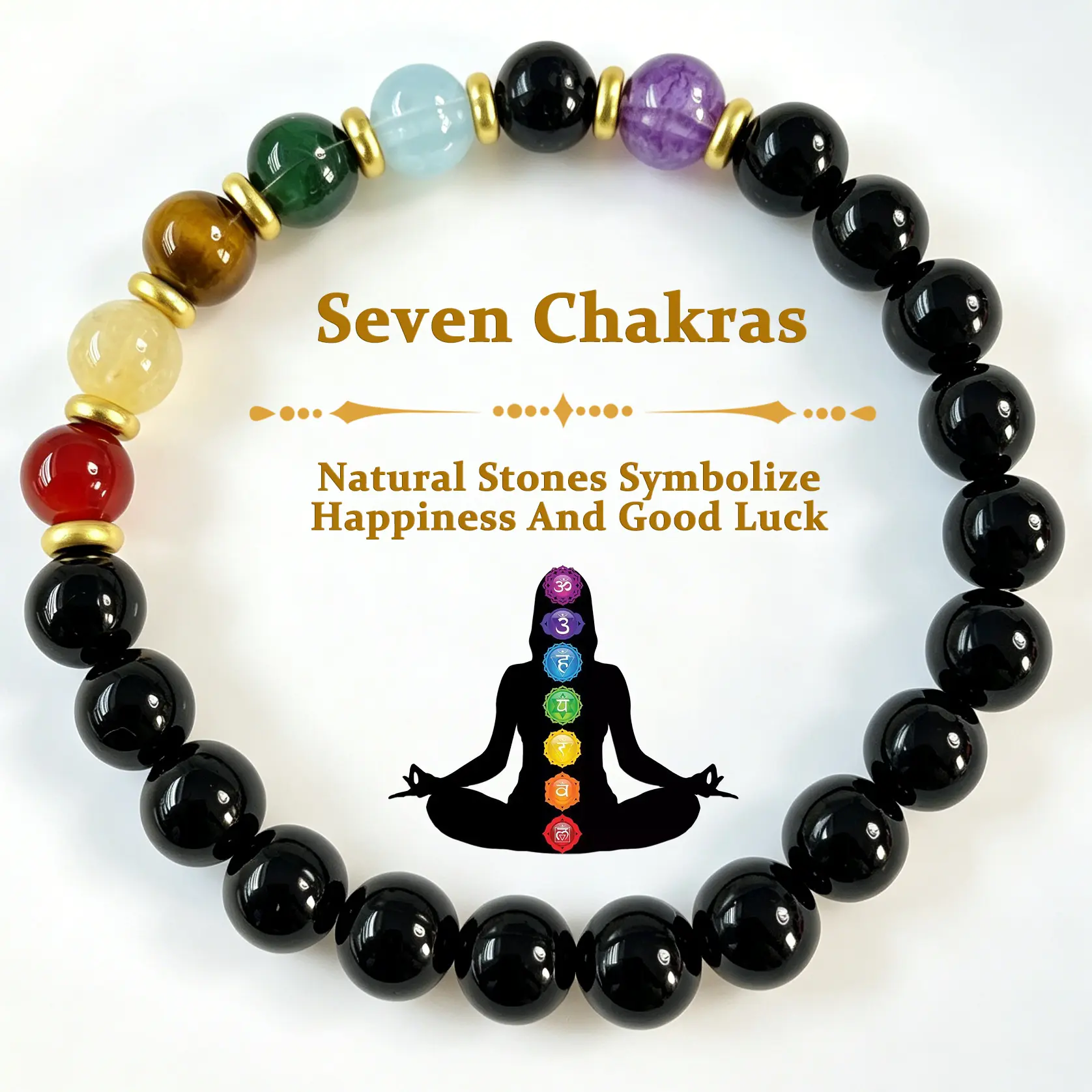 7 Chakra Obsidian Bracelet with 14K Gold Spacer Beads, Natural Stone Beaded Stretch Bracelet for Women Men, Adjustable Size, Premium Minimalist Jewelry Gift