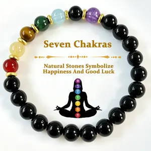Memorial Day Sale 7 Chakra Obsidian Bracelet with 14K Gold Spacer Beads, Natural Stone Beaded Stretch Bracelet for Women Men, Adjustable Size, Premium Minimalist Jewelry Gift