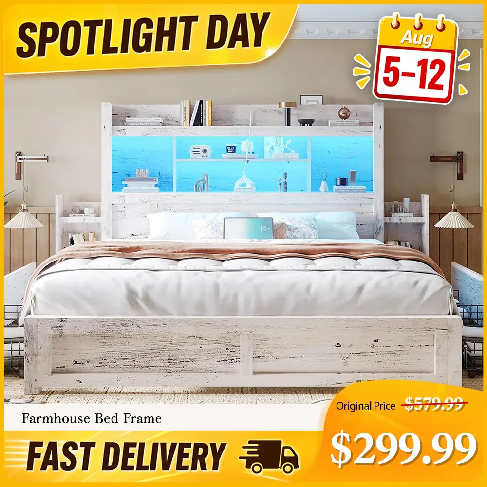 【Spotlight Day】【Ships in 2 Boxes】AMERLIFE Bed Frame with 49.6" Bookcase Headboard & 2 Bedside Stoage Racks & 4 Drawers, Farmhouse Wood Bed Frame with RGB LED & Charging Station,Best Gift Ideas/Christmas Gifts #homemakeover