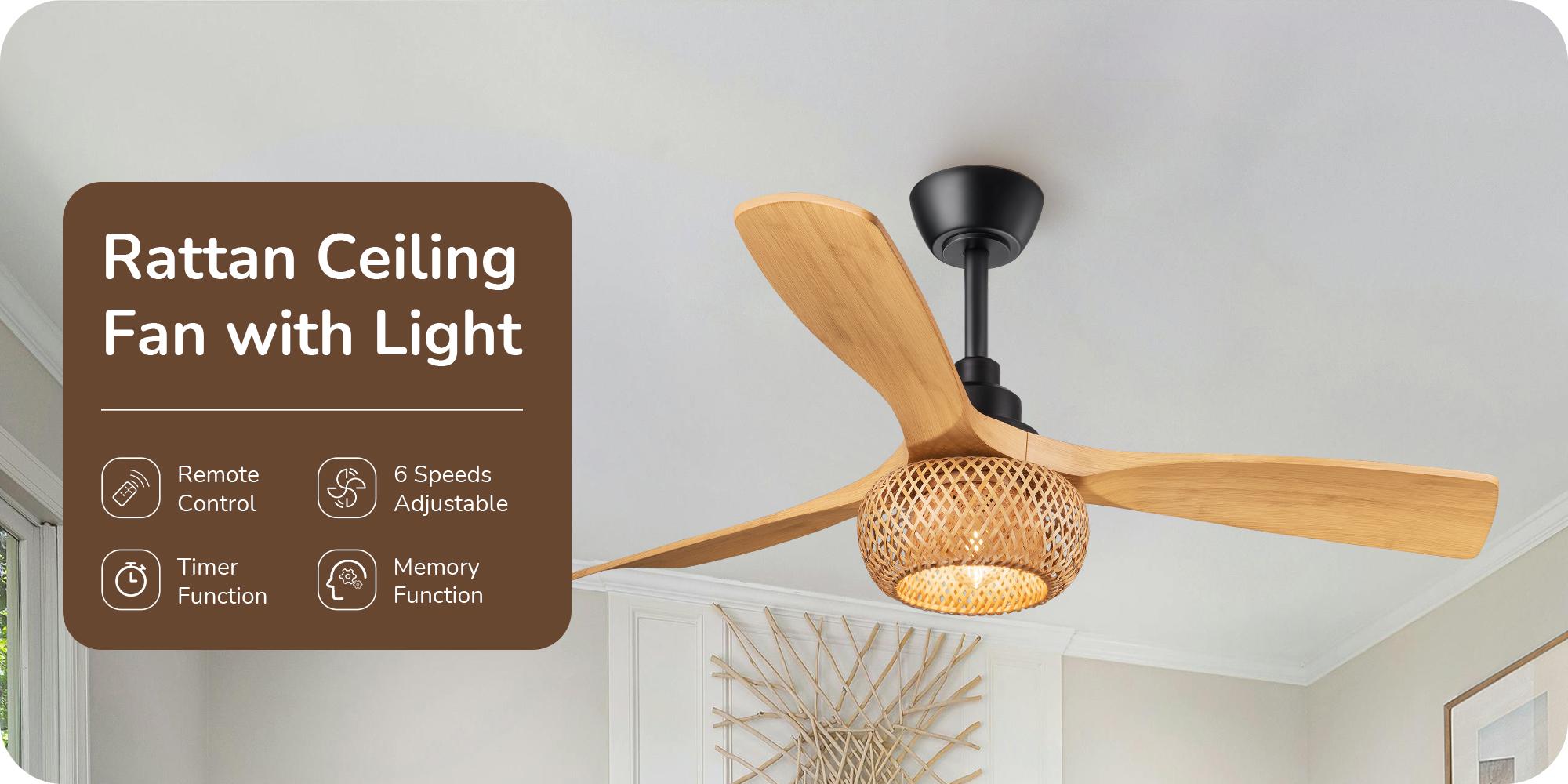 EDISHINE 52“ Boho Ceiling Fans with Lights, Wickerwork Cage, Timer & Remote Control, 6 Speeds, Indoor Noiseless Rattan Lighting & Ceiling Fans for Living Room, Bedroom, Dining Room-HCFF01A