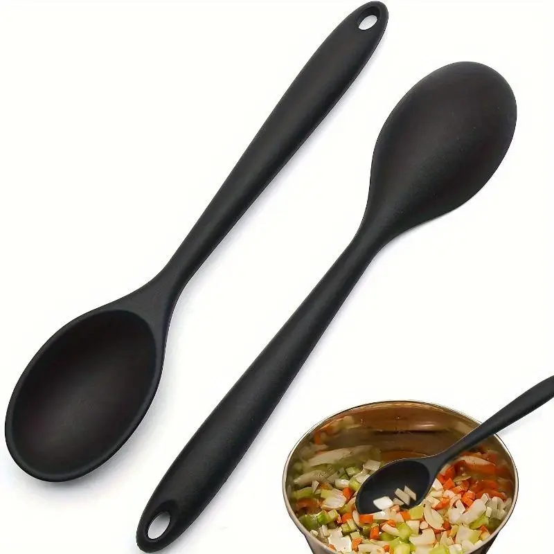 2-Piece Silicone Cooking Spoons Set - Kitchenware, Ultra Non-Stick, Heat Resistant, Ergonomic Long Handle, BPA-Free, Versatile for Cooking, Baking, Stirring, Mixing, and Serving - Durable, Flexible, and Safe for Kitchen Utensils and Cooking Essentials