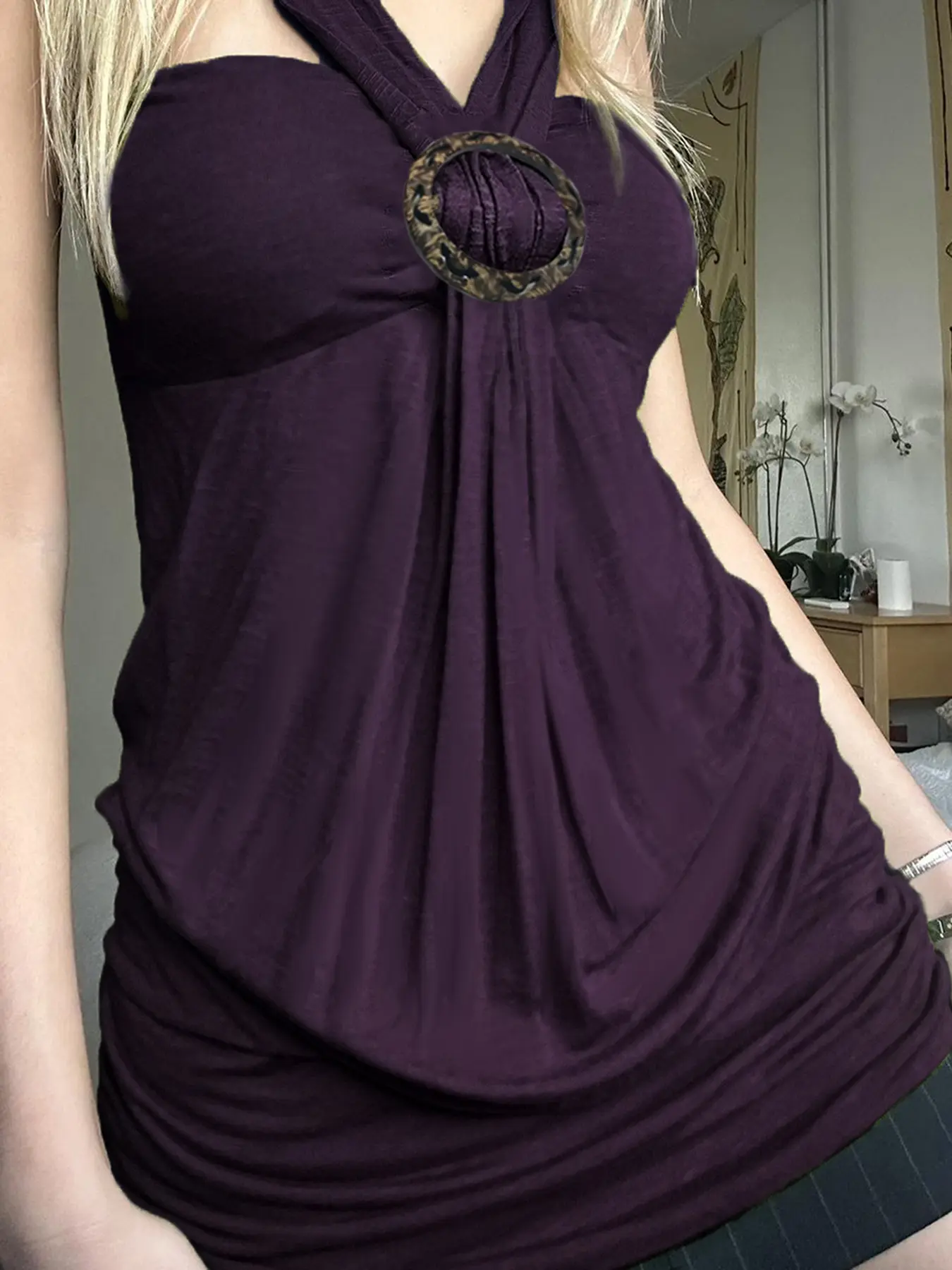 Women's Retro Vintage Round Neck Ethnic Style Crinkle Ruffled Halter Top, Fitted Design for All Seasons, Moderate Fabric Thickness, Stylish, Elegance, Fashion & Comfortable, Chic Halter Neck, Casual Fashion Sleeveless, Womenswear, Piece, Casual Halter Top