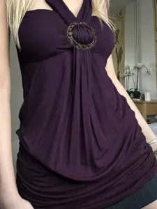 Women's Retro Vintage Round Neck Ethnic Style Crinkle Ruffled Halter Top, Fitted Design for All Seasons, Moderate Fabric Thickness, Stylish, Elegance, Fashion & Comfortable