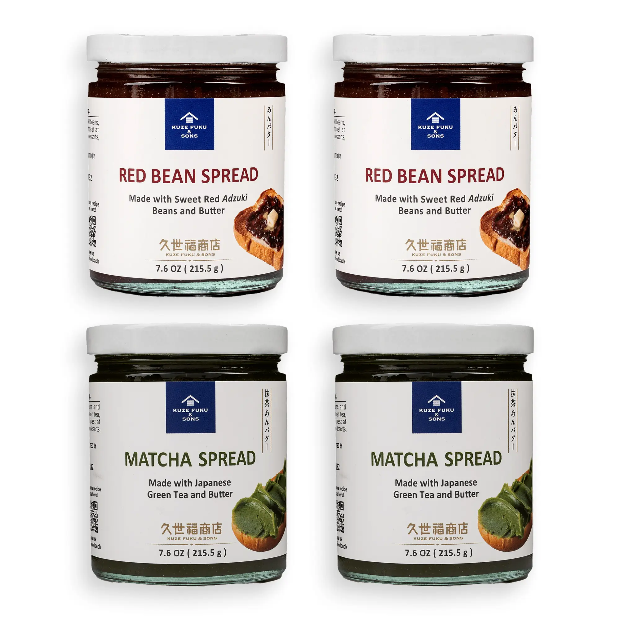 Kuze Fuku & Sons Japanese Anbutter Spread 4-Pack - Matcha Green Tea & Red Bean Flavors, 7.6oz Jars for Bake, Sweet Cuisine Kuze Fuku & Sons Japanese Anbutter Spread 4-Pack - Matcha Green Tea & Red Bean Flavors, 7.6oz Jars for Bake, Sweet Cuisine