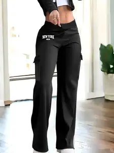 Women's black casual trousers, Pants, featuring flap pockets, elastic waistband, and a straight-leg fit. Suitable for spring, summer, and autumn wear.  Workwear style.