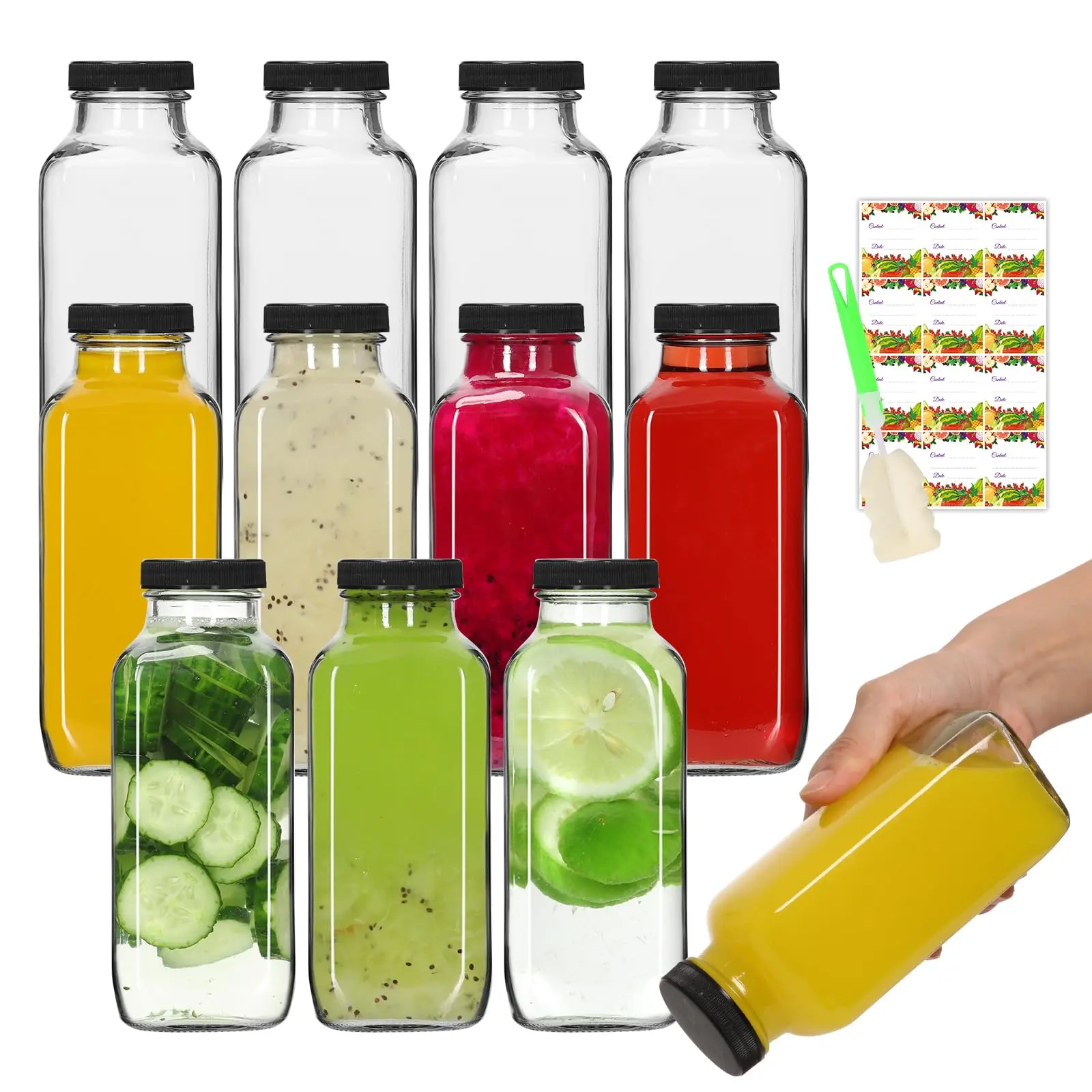 12 oz Glass Bottles with Lids 12Pack, 360ml Glass Bottles for Juicing, Water, Kombucha - Portable Glass Juicing Bottles Reusable Glass 12oz (12fl.oz, Set of 12) Drinkware Leakproof