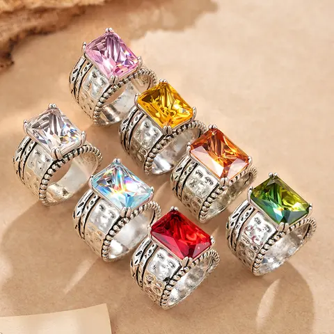 Women’s Bohemian Retro Wide Cubic Zirconia Ring - Square-Shaped Deluxe CZ, Bold Look Engagement Promise Ring, Costume Jewelry Gift for Women, Cubic Zirconia Rings