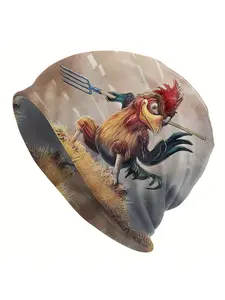 Men's Novelty Chicken Pattern Beanie Hat - Whimsical Rooster & Rain Design, Soft Stretchy Skull Cap for Casual Wear, Parties & Themed Events, Chicken Theme, Themed Event Headwear, Playful Headgear, Durable Headwear