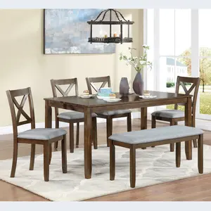 6 Pieces Dining Table Set with Bench, Rectangular Wooden Dining Table with 4 Upholstered Chairs and a Bench,  Kitchen Dining Table Set for 6 People, Living Room, Home Bar and Kitchen, Walnut