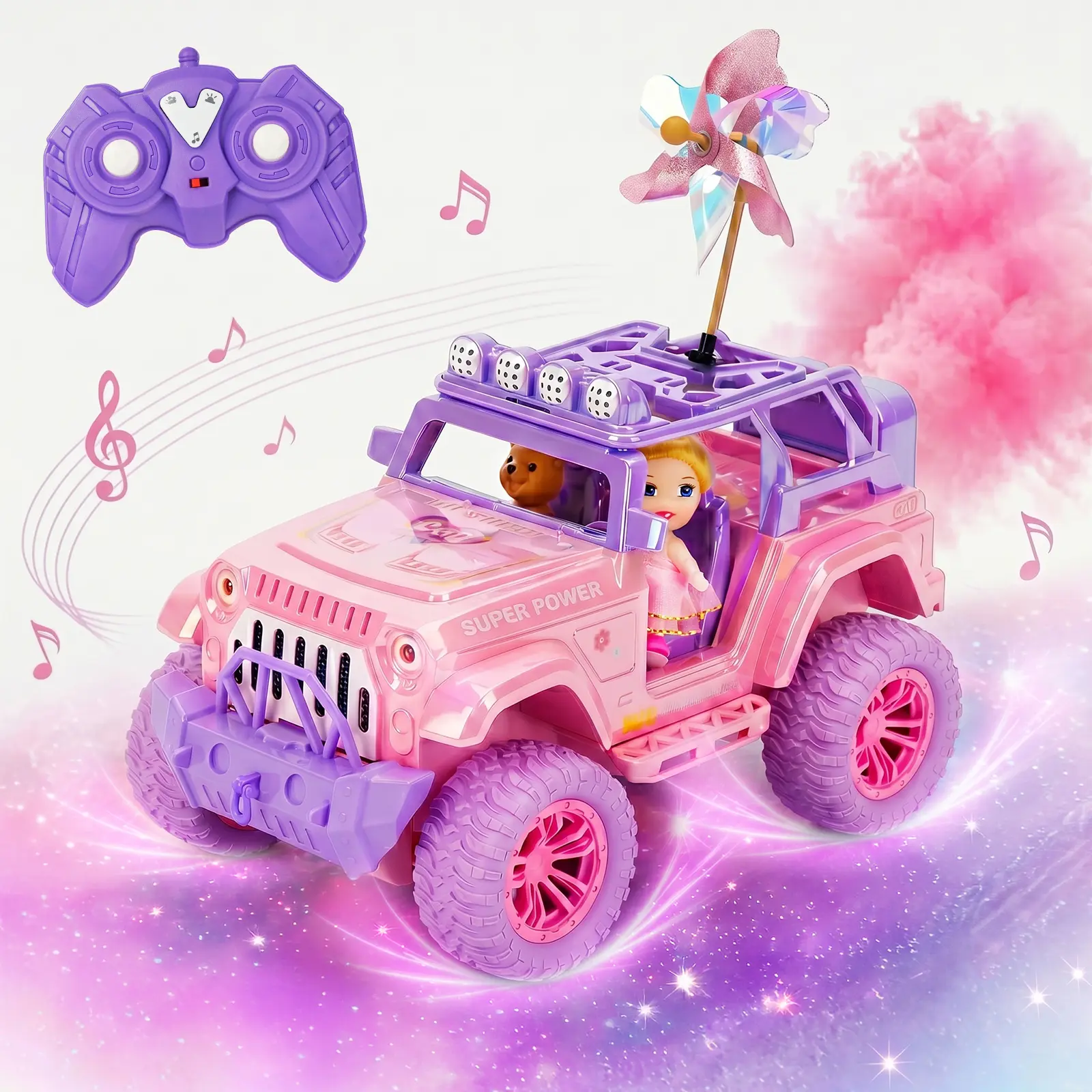 YULONG Pink 1:16 RC Model Car for Girls - 2.4GHz Wireless Ctrl, ABS Plastic All-Terrain Off-Road SUV Crawler, Rechargeable Toy with Fog Spray, Butterfly Art, LED Lights, Music + Sound FX, Transportation Birthday Gift Kit, Remote Control Crawler