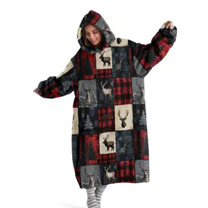 hoodie blanket，Wearable Blanket，Christmas Theme Reindeer Print Hooded Blanket Sweatshirt, Wearable Blanket, Outdoor Warm Blanket, Home Casual Blanket, Pocket and Long Sleeve，Christmas Gift,Valentine's Day gift