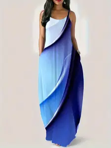 Plus Size Basic Dress, Women's Round Neck Medium Stretch Tank Top Long Dress with Pockets, Casual Summer Fashion