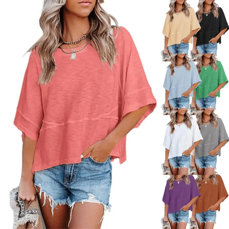 Women's Casual Round Neck T-Shirt with Batwing Half Sleeves, Solid Color Loose Fit Flowy Cotton Blend Top for Summer