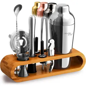 Cocktail Shaker Set with Bamboo Stand - Professional 10-Piece Bartender Kit - Complete Bar Set & Cocktail Mixer Kit for Home (Silver)
