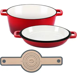 5 Quart Enameled Cast Iron Dutch Oven, 2 in 1 Dutch Oven Pot with Skillet Lid and Silicone Bread Sling, Ideal for Bread Baking, Cooking, Stewing, Frying, Induction & Oven Safe - Red