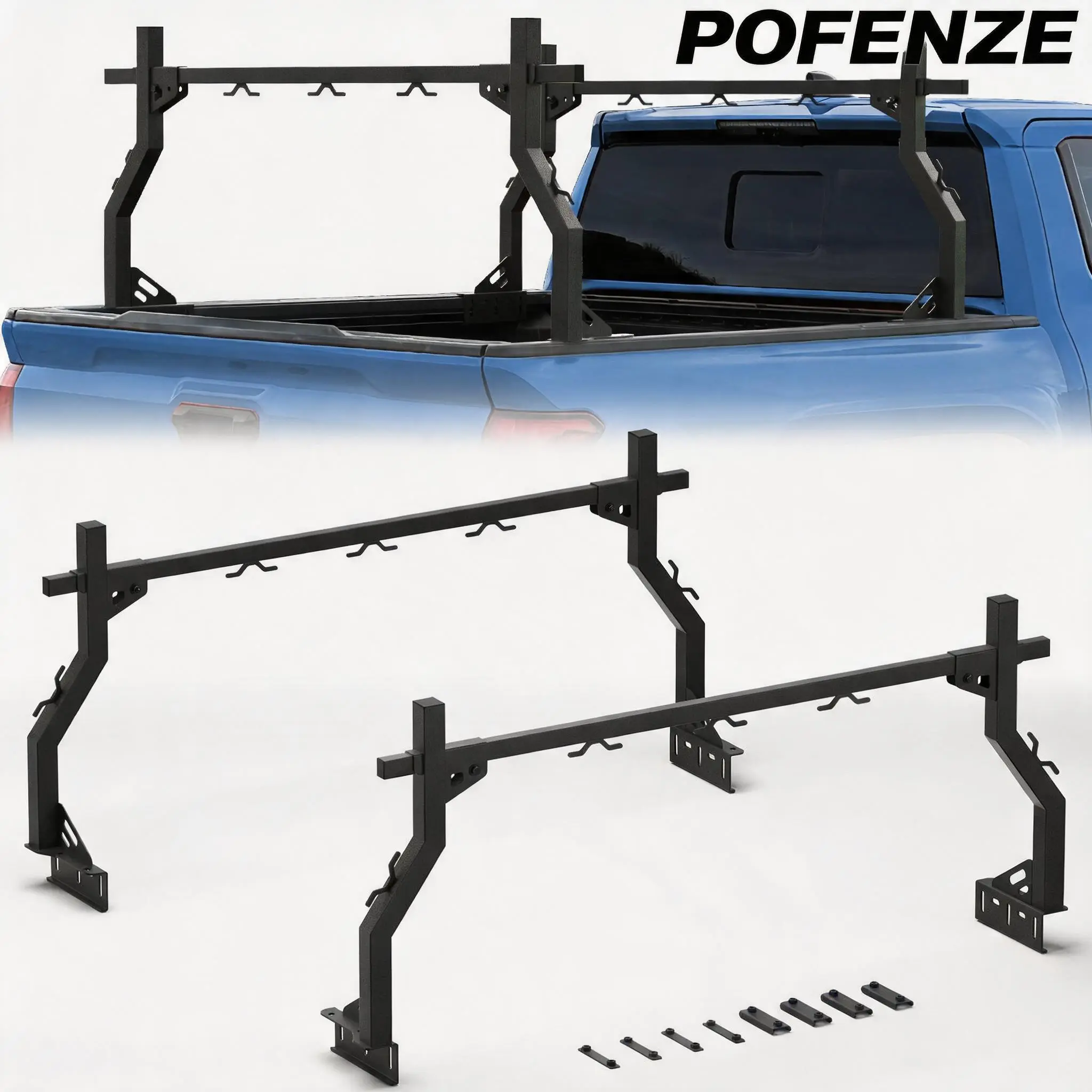 POFENZE-Mestan Heavy-Duty Truck Bed Ladder Rack, 46"-71" Wide Adjustable Carbon Steel Rack with 1.6× Thicker Walls, Square-Tube Design, Durable Double-Layer E-Coating & Powder-Coated Finish, 1000LBS Capacity, No-Drilling Universal Fit for Kayaks, Ram 2500