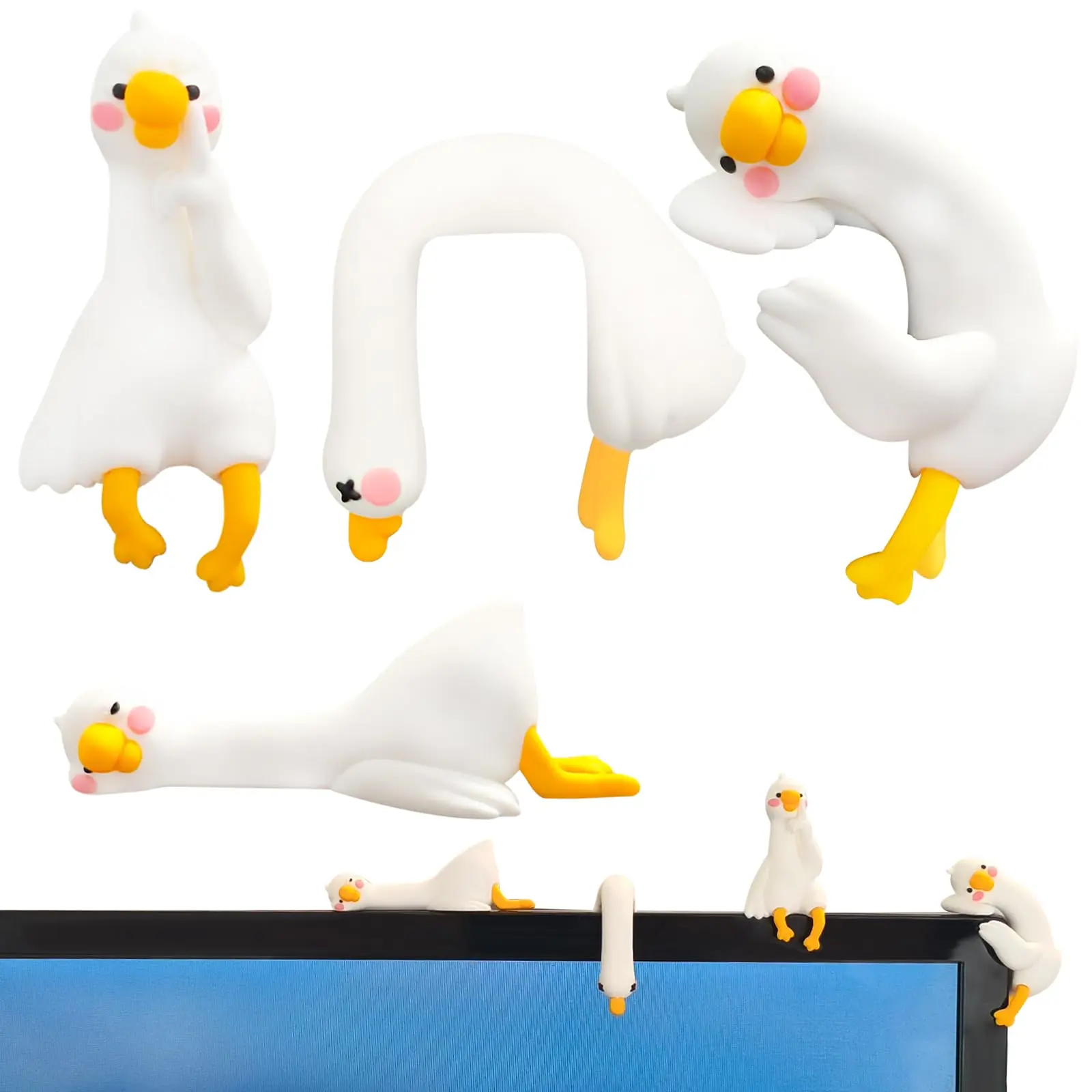 4 PCS Resin Goose Figurine Computer Monitor Decor,Cute Mini Goose Statues for Car Dashboard,Funny Desk/TV/Photo Frame Decorations (White Goose)