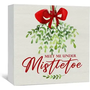 Meet Me Under The Mistletoe Sign, Large Christmas Sign Mistletoe,Christmas Wooden Box Signs,Rustic Farmhouse Christmas Decor,Christmas Bow Xmas Wood Sign Home Decor,Home Decor Christmas Gifts,5x5 inch